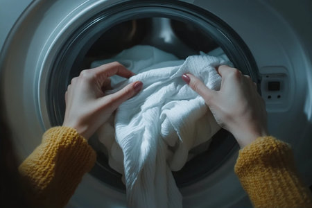 Close up of female hands loading clothes into washing machine at home.の写真素材