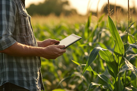 Close up of agronomist holding digital tablet in corn fieldの写真素材