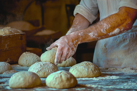 Male hands kneading dough on the table in the bakery.の写真素材