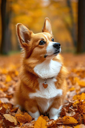 Welsh Corgi Pembroke dog sitting in autumn parkの写真素材