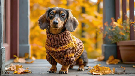 Dachshund dog in a knitted sweater on a background of autumn leaves.の写真素材