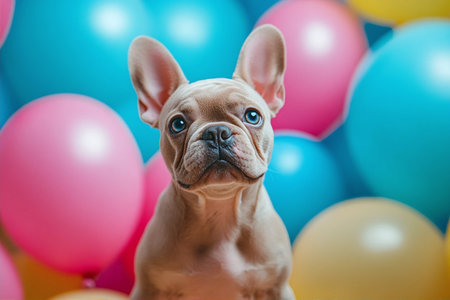 French bulldog puppy with colorful balloons in the background, studio shotの写真素材