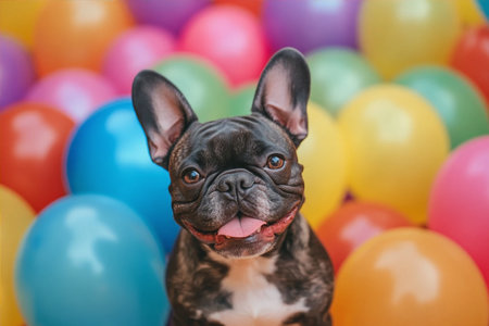 French bulldog dog with colorful balloons on background,selective focusの写真素材