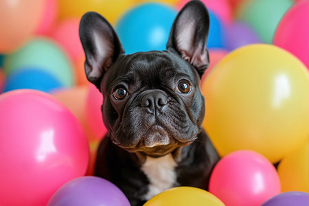 French bulldog with colorful balloons in the background, close upの写真素材