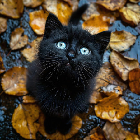 Black kitten with blue eyes in autumn leaves. Selective focus.の写真素材