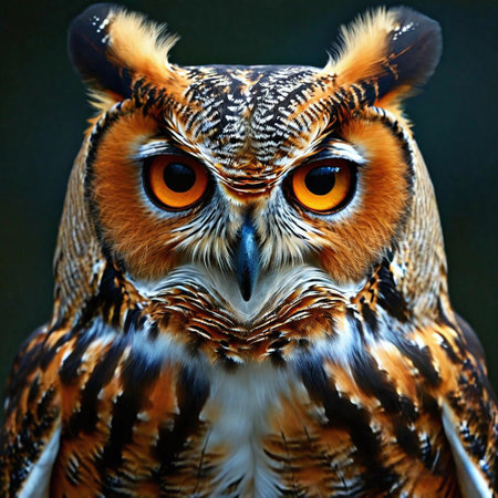 Portrait of an owl with big orange eyes on a black backgroundの写真素材