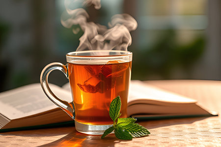 Cup of hot tea with mint leaves and book on wooden tableの写真素材