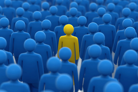 3d illustration of yellow man standing out from crowd of blue peopleの素材