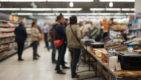 Blurred image of people shopping in supermarket. Shallow depth of fieldの素材