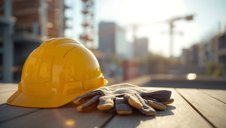 Construction helmet and gloves on the background of a building under construction.の素材