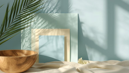 3d rendering of podium for product presentation with palm leaf shadow background.の素材