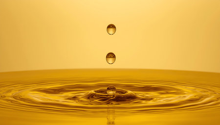 Water drop collision on a yellow background. Water Drop collision with water dropsの素材