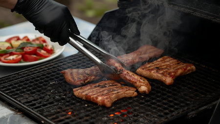 Grilling meat on barbecue grill with flames and smoke, closeupの素材