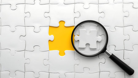 Missing jigsaw puzzle piece with magnifying glass on yellow background, business conceptの素材