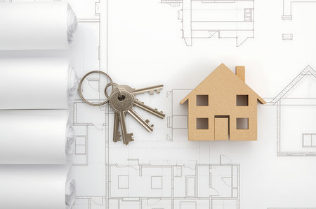 House model with house keys on blueprint background. Real estate concept.の素材