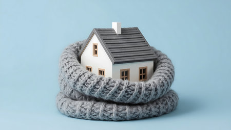 House model wrapped in a woolen scarf on a blue background.の素材