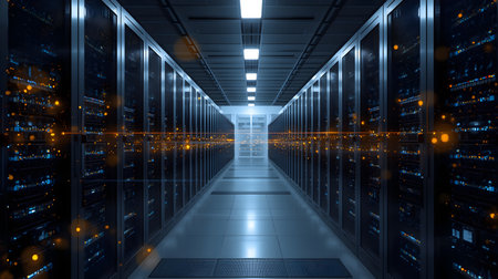 Server room data center. Backup, mining, hosting, mainframe, farm and computer rack with storage information. 3d renderの素材