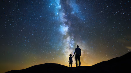 Silhouette of father and son looking at milky way at nightの素材