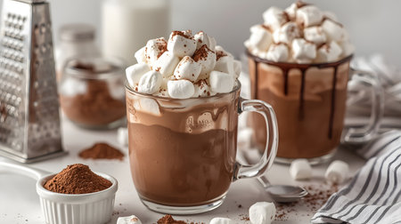 Delicious hot chocolate with marshmallows on table, closeupの素材