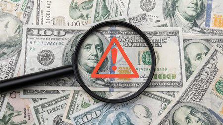 Magnifying glass on the background of the dollar. The concept of financial fraud.の素材