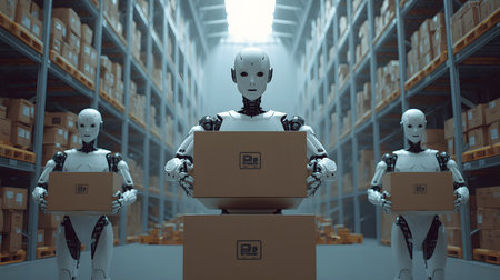 Robot and cardboard boxes in warehouse. 3D rendering. AI.の素材