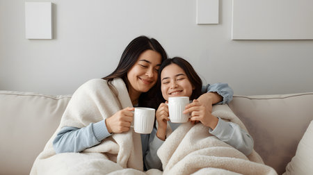 Two Asian women in pajamas sitting in bed and drinking coffeeの素材