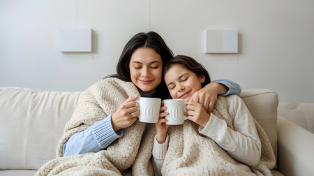 Happy young mother and daughter lying on sofa in living room, drinking tea or coffee together, looking at each other and smiling. Motherhood conceptの素材