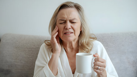 Mature woman suffering from headache holding cup of hot tea or coffeeの素材