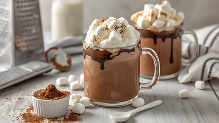Hot chocolate with marshmallows and cocoa powder on white wooden tableの素材