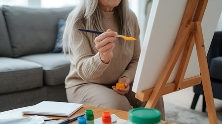 cropped shot of mature woman painting picture on easel at homeの素材