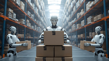 Robot with cardboard boxes in warehouse 3d rendering. Robot working in warehouse.の素材