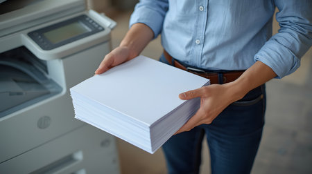 Close-up of businesswoman holding stack of paper sheets in officeの素材