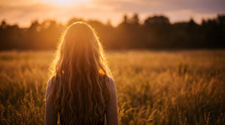 Young woman standing in a wheat field and looking at the setting sunの素材