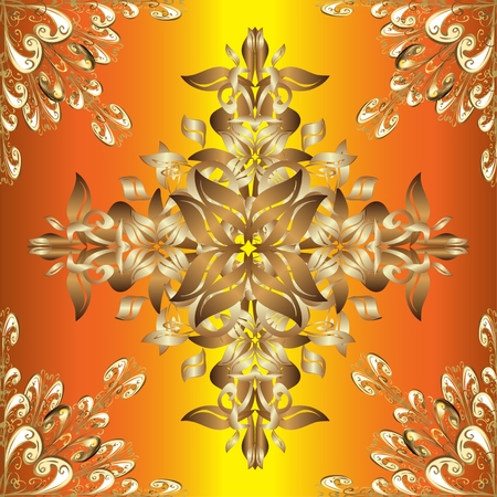 abstract floral pattern on orange and yellow background with golden elementsのイラスト素材