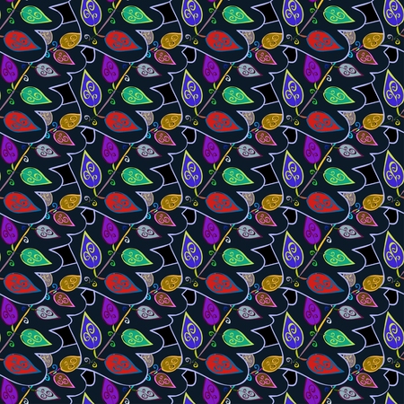 Seamless wallpaper with colorful leaves on black background. Vector.のイラスト素材