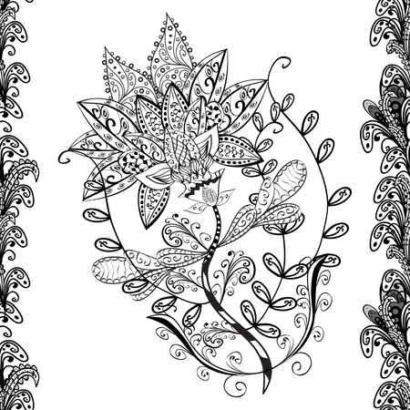 vector seamless abstract floral pattern, monochrome. Black and white vector seamless pattern, vintage doodles ornament.のイラスト素材