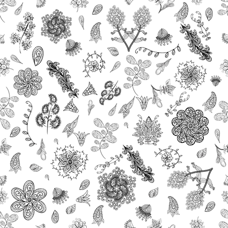 vector seamless abstract floral pattern, monochrome. Black and white vector seamless pattern, vintage doodles ornament.のイラスト素材