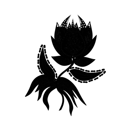 Hand drawn seamless pattern with various elements, flowers, branch on white background and black silhouetteのイラスト素材