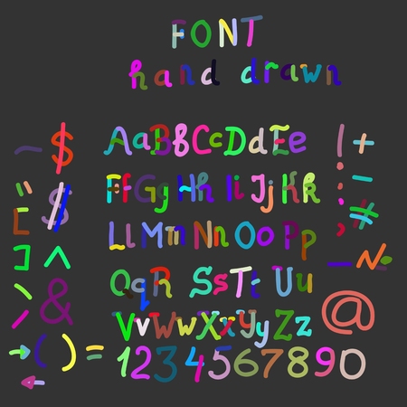 Doodle colorful kids alphabet, vector hand drawn letters and figures decorated with colored floral and ethnic style elements. For kids books, posters, postcard typographyのイラスト素材