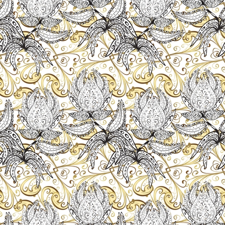 vector seamless abstract floral pattern, monochrome. Black and white vector seamless pattern, vintage doodles ornament.のイラスト素材