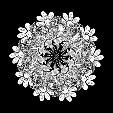 Ornamental round lace pattern, circle background with many details, looks like crocheting handmade lace, abstract circular pattern of arabesques. Vector illustration.のイラスト素材
