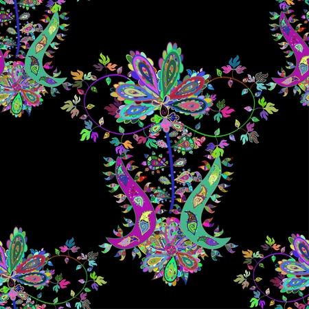 Seamless pattern on bright floral doodles on black background. Vector illustration.のイラスト素材