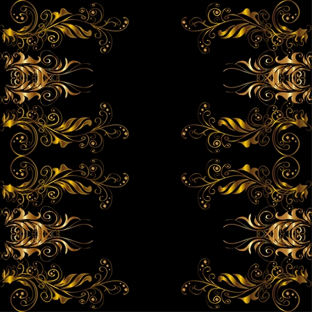 Seamless vintage pattern on black background with golden elements.のイラスト素材