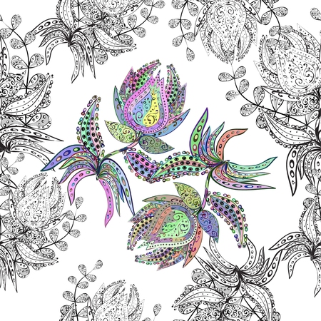 Seamless pattern of colorful flowers on a white background, leaves and branch. Vector illustration.のイラスト素材