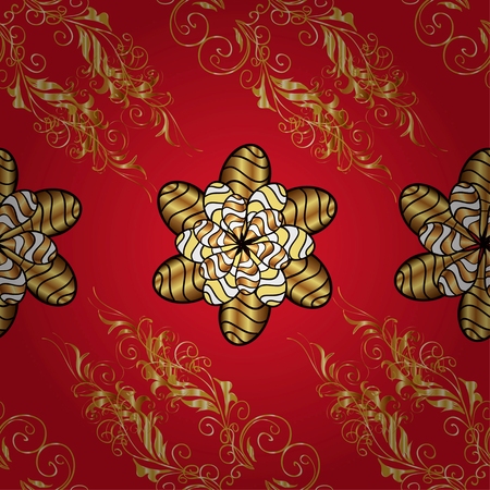 vector seamless texture with golden flowers and vintage elements on red backgroundの写真素材