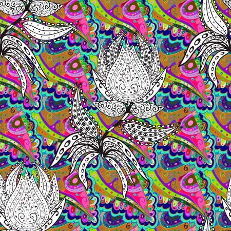 Seamless colorful background.Colorful and white doodles flowers and leafs with gradient shadows. Vector illustration.のイラスト素材