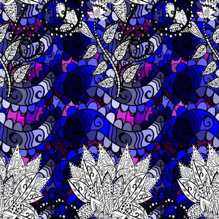 Seamless colorful background.Colorful and white doodles flowers and leafs with gradient shadows. Vector illustration.のイラスト素材