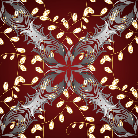 Seamless vintage pattern on red background with golden and silver elements.のイラスト素材
