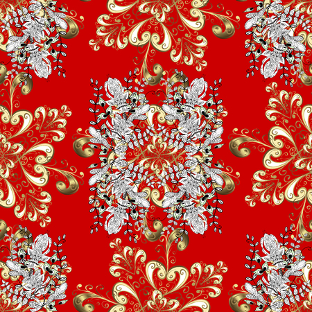 Seamless vintage pattern on red background with golden elements.のイラスト素材