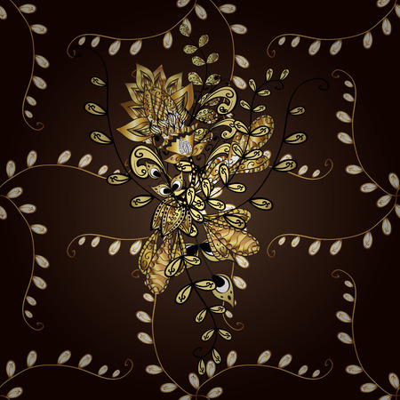 Seamless vintage pattern on brown background with golden elements.のイラスト素材